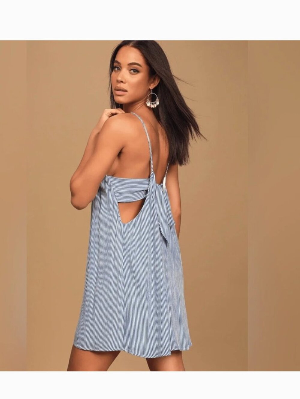 Lulu's Adrift Tie-Back Mini Dress - Blue Striped- M